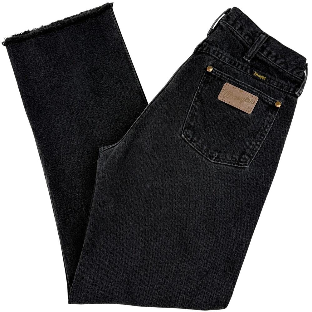 Wrangler Bootcut Jeans Black Denim Cotton USA Made 31x30 Vintage Raw Edge Hem